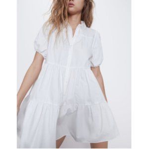 Zara White Tiered Puff Sleeve Shirt Mini Dress